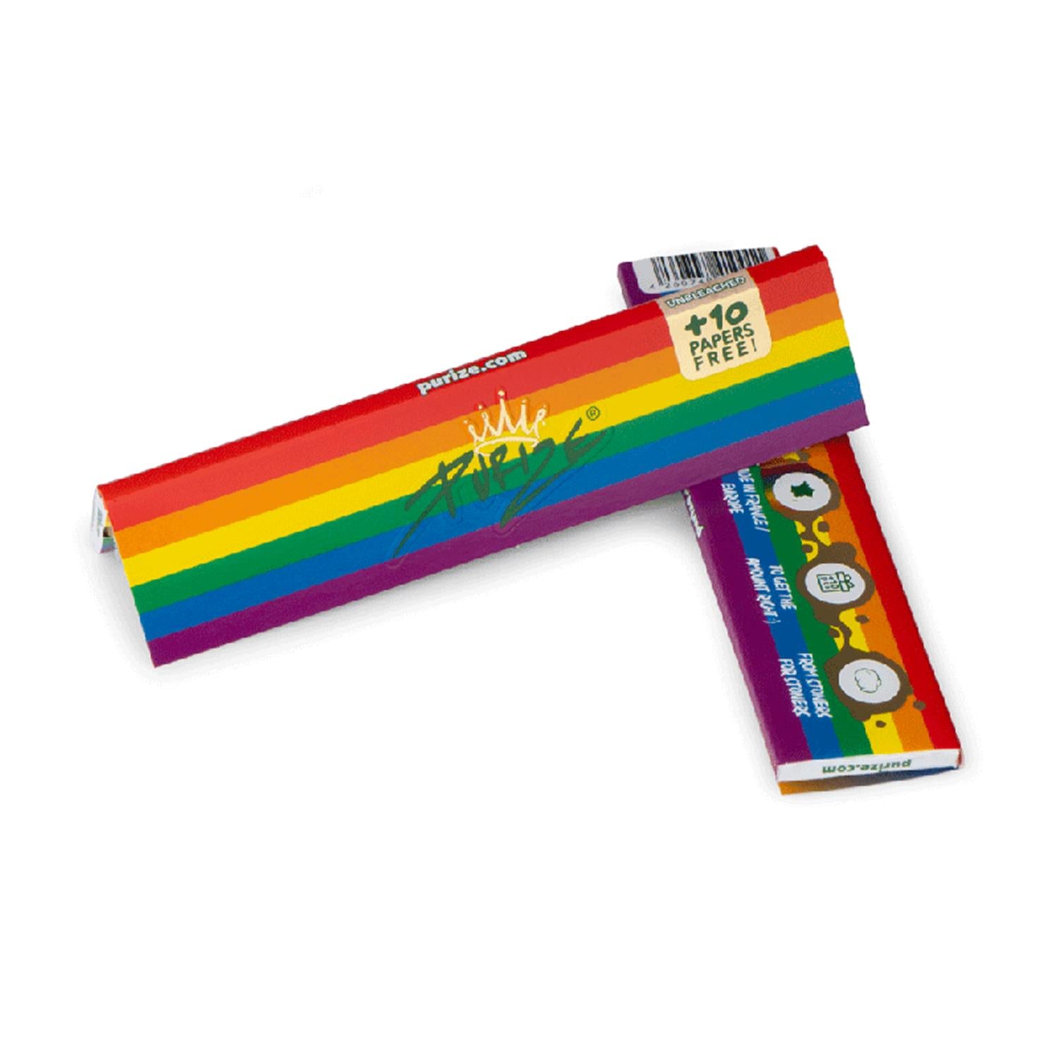 PURIZE King Size Slim Papers im Rainbow-Design, zwei Heftchen in Regenbogenfarben mit PURIZE Logo, Krone, unbleached und +10 Papers Free Hinweis